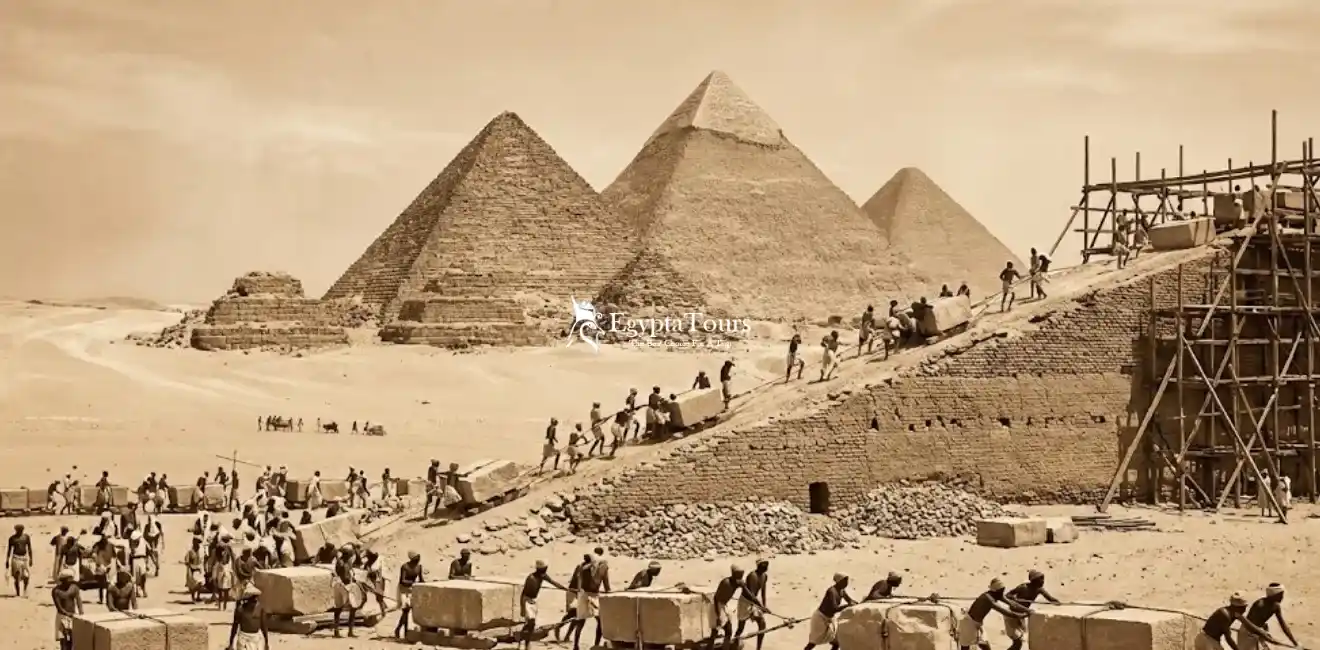 Giza Pyramids Complex 8 Construction-of-the-Giza-Pyramids-illustrating-stone-blocks-ramps-and-labor-methods-EgyptaTours