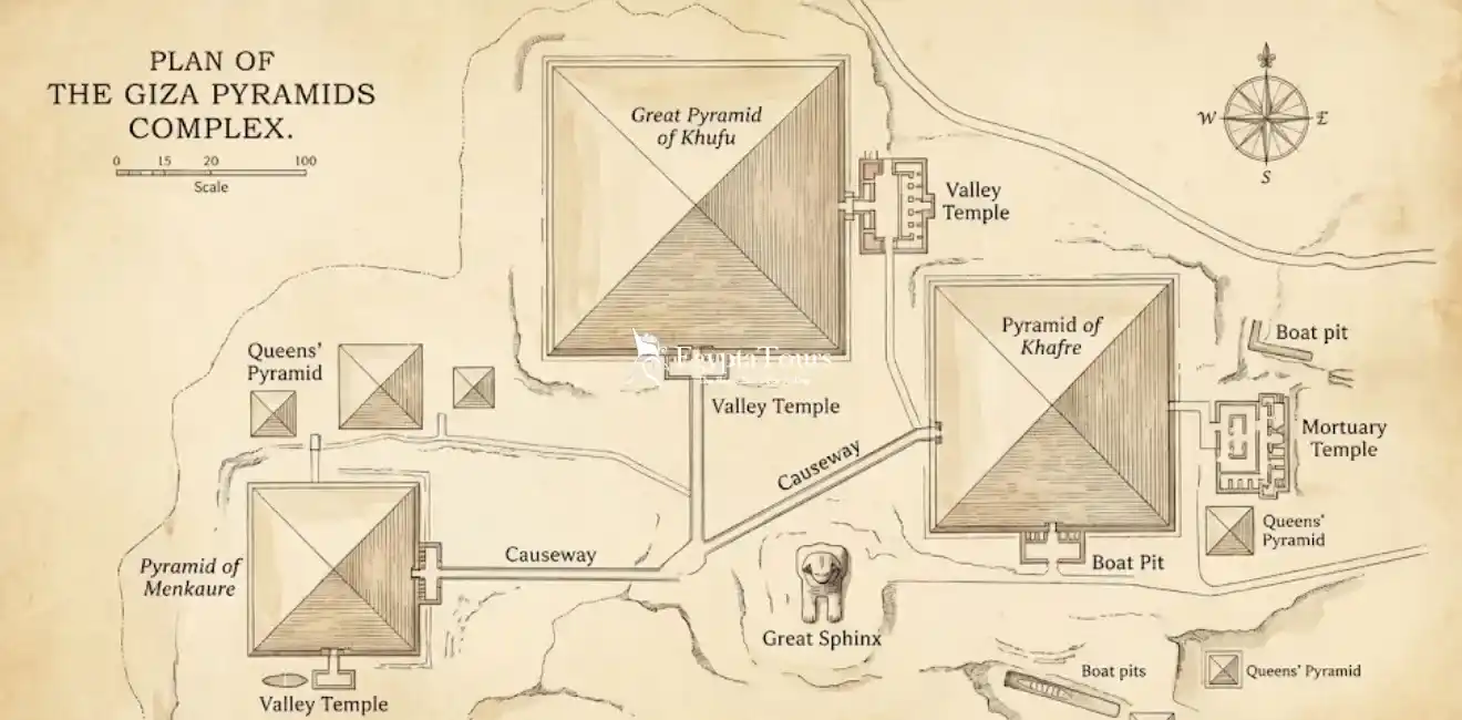 Giza Pyramids Complex 7 Giza-Pyramids-Complex-design-showing-overall-layout-and-ancient-planning-EgyptaTours