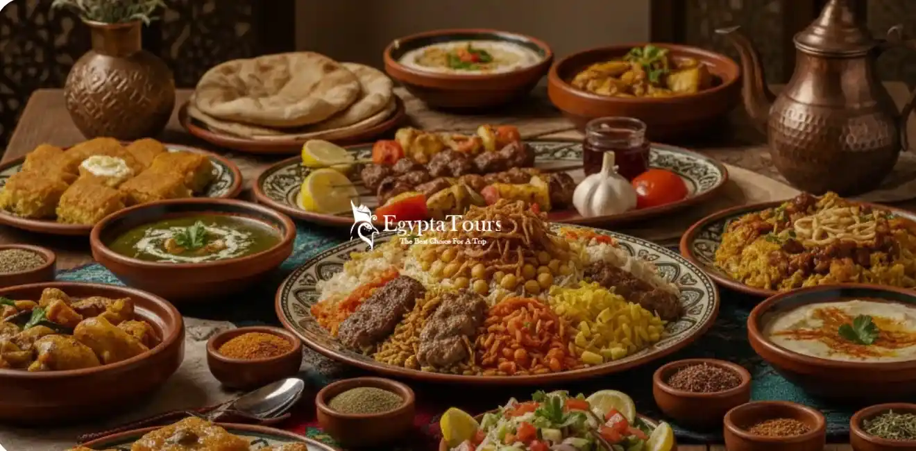 Popular-Egyptian-Lunch-Meals-Such-As-Koshari-Molokhia-Grilled-Meats-And-Rice-Dishes-EgyptaTours