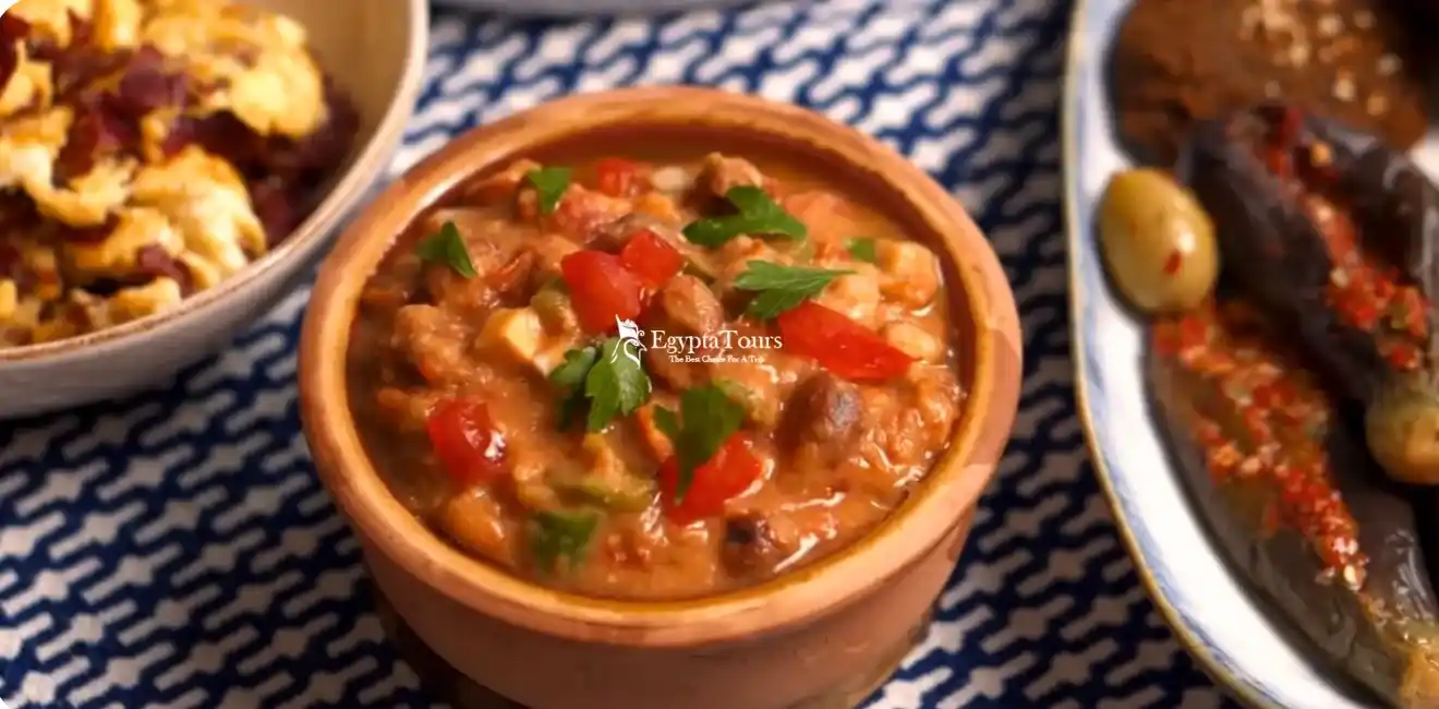 Traditional-Egyptian-Breakfast-Dishes-Including-Ful-Medames-Taameya-Eggs-And-Baladi-Bread-EgyptaTours