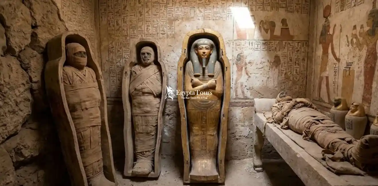 Mummification of the Pharaohs in Ancient Egypt 9 Royal-Egyptian-Mummies-Inside-Decorated-Sarcophagi-Display-EgyptaTours