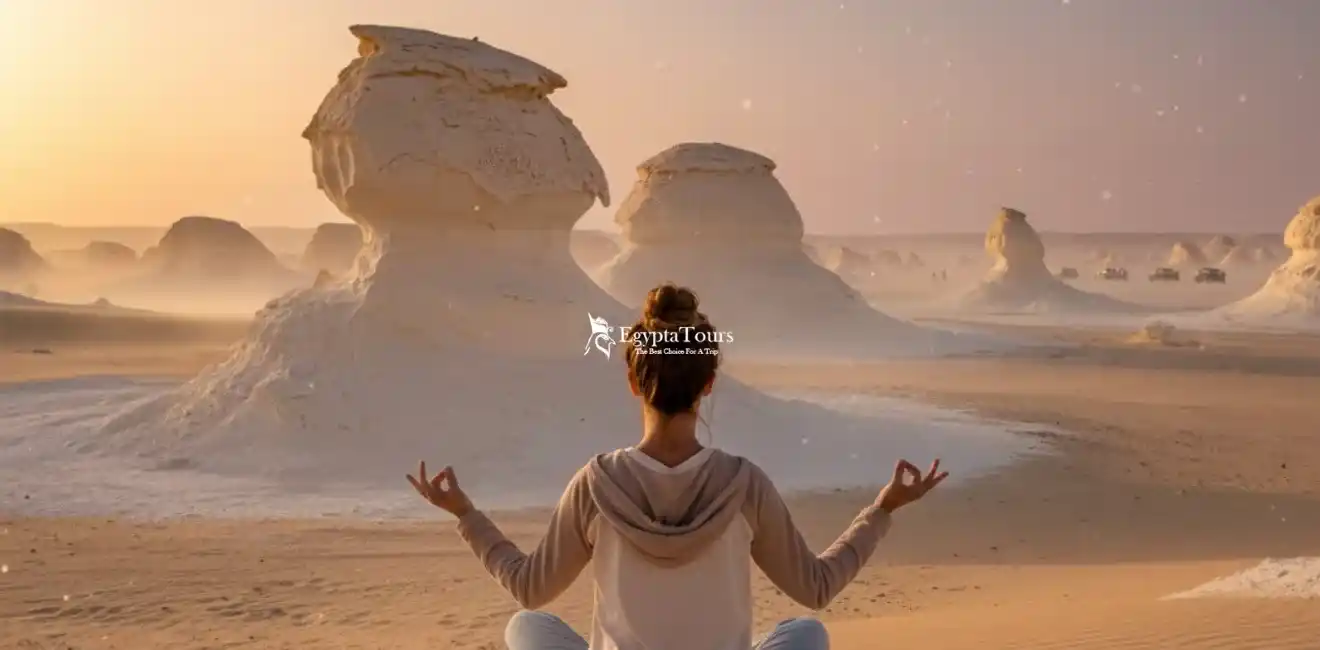5 Days Mystical Tour to Cairo and El Baharyia Oasis 2 White-Desert-Mushroom-and-Chicken-Rock-Formations-at-Sunset-on-5-Days-Mystical-Tour-to-Cairo-and-El-Baharyia-Oasis-EgyptaTours