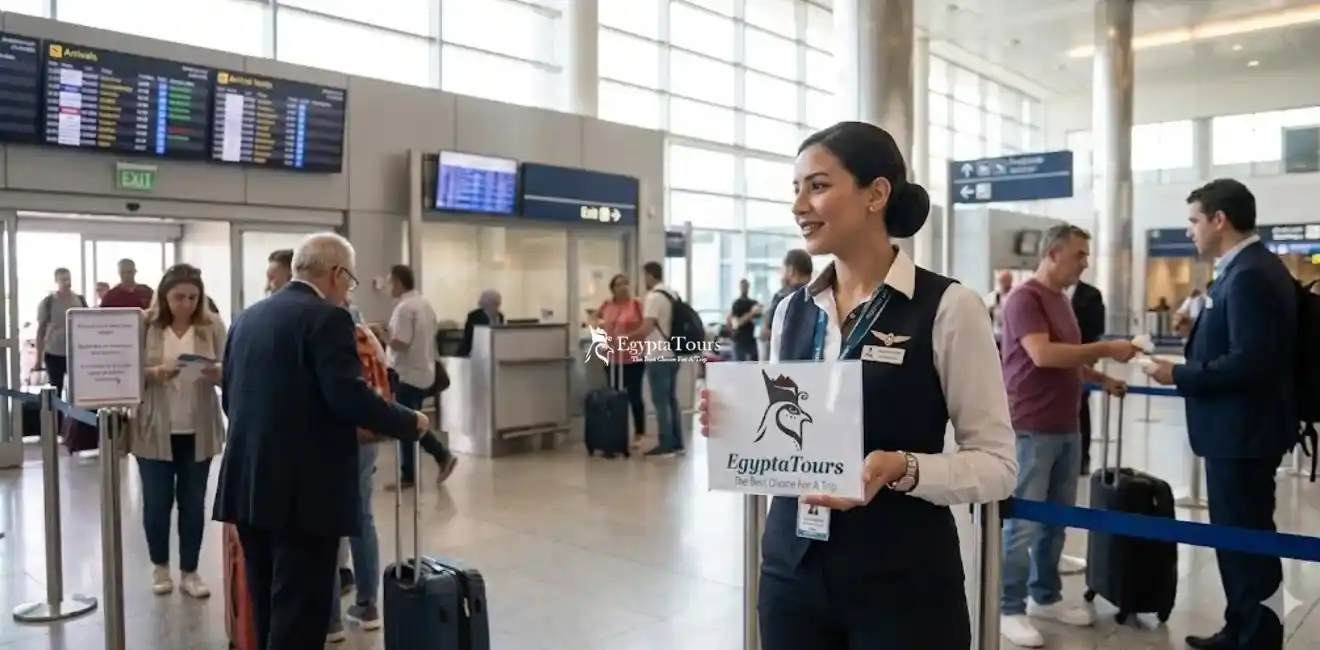 Welcoming-Egyptologist-guide-with-sign-meeting-excited-tourists-at-Cairo-Airport-arrival-for-festive-Christmas-5-Days-Cairo-and-Luxor-and-Abu-Simbel-Tour-Package-EgyptaTours