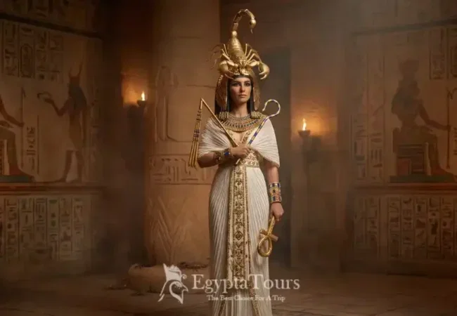 A-Highly-Realistic-Cinematic-Depiction-Of-The-Ancient-Egyptian-Goddess-Serket-Standing-In-A-Dimly-Lit-Stone-Temple