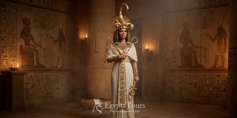 A-Highly-Realistic-Cinematic-Depiction-Of-The-Ancient-Egyptian-Goddess-Serket-Standing-In-A-Dimly-Lit-Stone-Temple