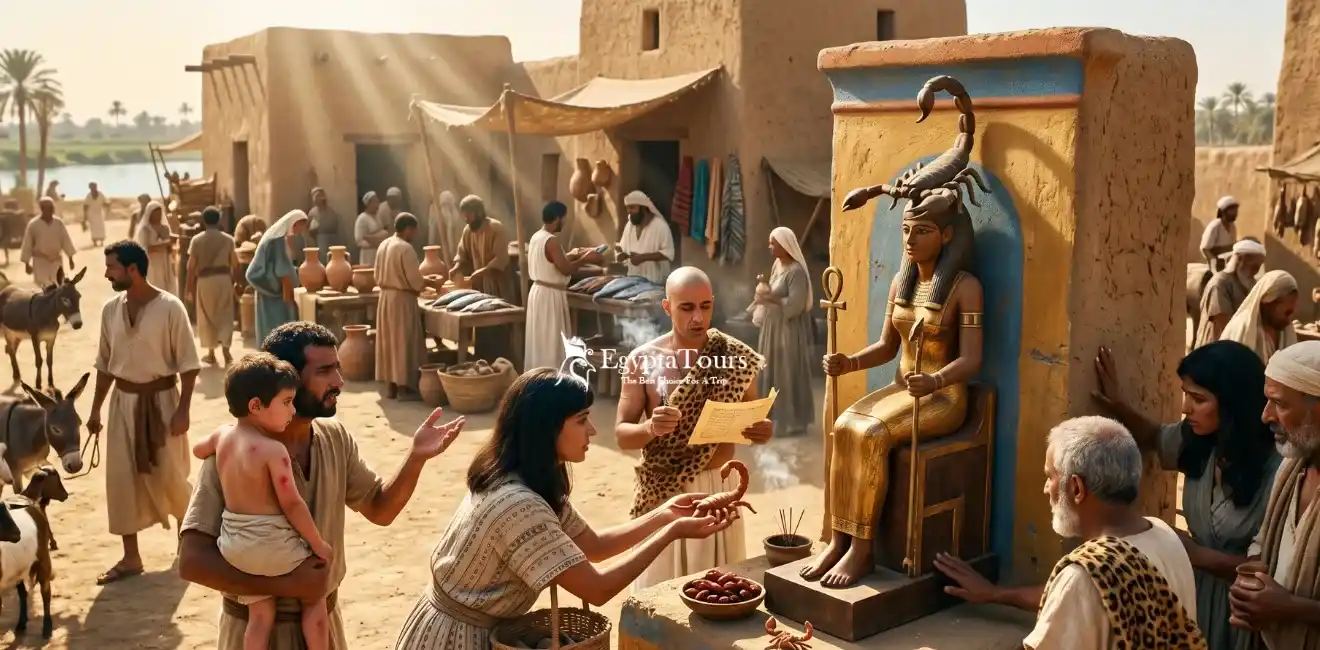 A-Vibrant-Detailed-Illustration-Of-Daily-Life-In-An-Ancient-Egyptian-Village-With-Townspeople-Worshipping-A-Golden-Statue-Of-Serket