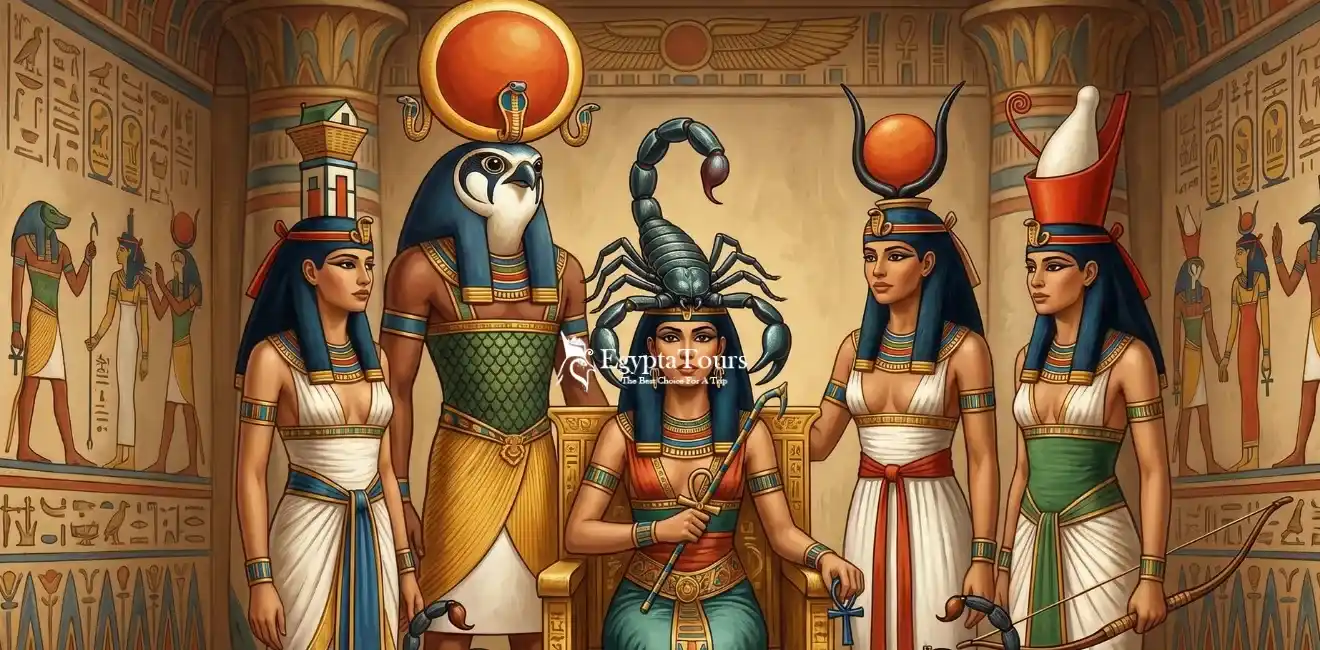 An-Illustration-Of-Sekret-Family-Inside-A-Temple-With-The-Goddess-Serket-Seated-Centrally-On-A-Golden-Throne